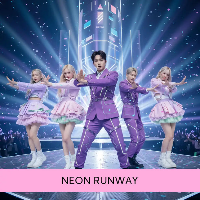 The neon runway k-pop gymnastics floor music features a central figure in a vibrant purple suit with geometric trim and black boots