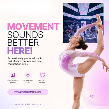 A gymnast in a sparkling white and pink leotard performs an elegant split for k-pop gymnastics floor music neon superstars