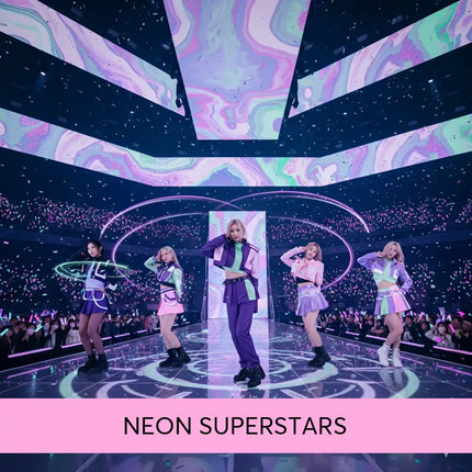 Purple and pink futuristic stage with swirling neon lights for neon superstars k-pop gymnastics floor music