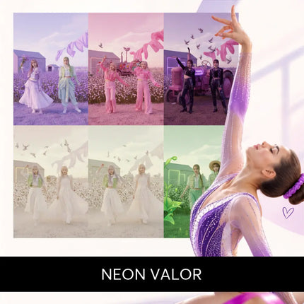 Purple and white sparkly gymnastics leotard with gradient design inspired by neon valor music for floor routines