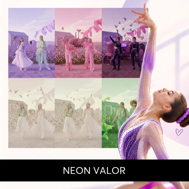 Purple and white sparkly gymnastics leotard with gradient design inspired by neon valor music for floor routines