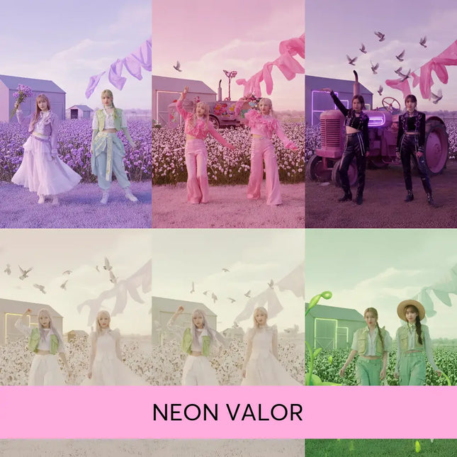 Two women in pastel outfits in a farm setting for neon valor k-pop gymnastics floor music product shoot