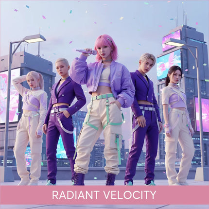 K-pop gymnastics floor music outfit in lavender cropped bomber jacket and beige cargos