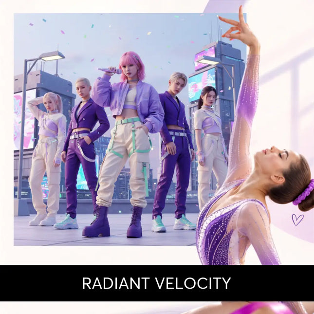 Purple and pink gradient sparkly gymnastics leotard with sheer mesh overlay for k-pop gymnastics floor music routines