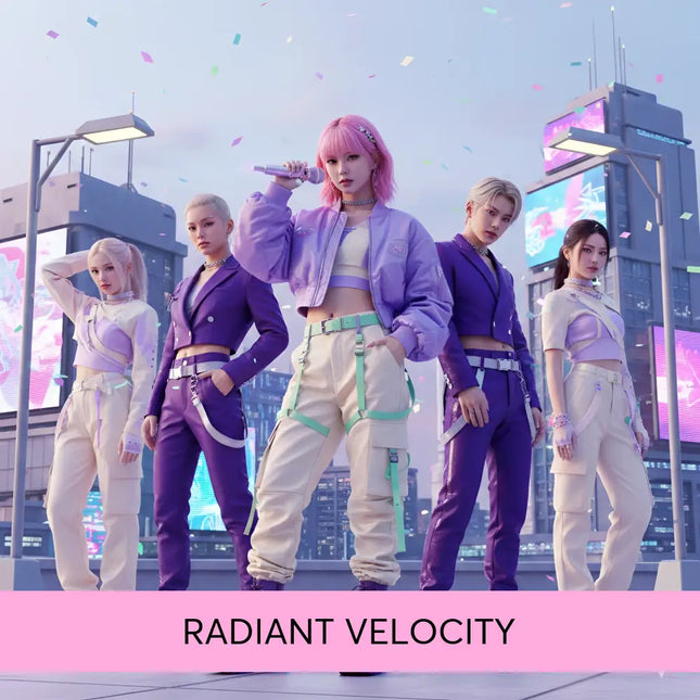 The central figure wears a lavender cropped bomber jacket with embroidery and beige cargo pants for k-pop gymnastics floor use