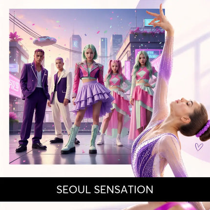 A shimmering purple and pink gymnastics leotard with sparkling details perfect for k-pop seoul sensation floor music routines