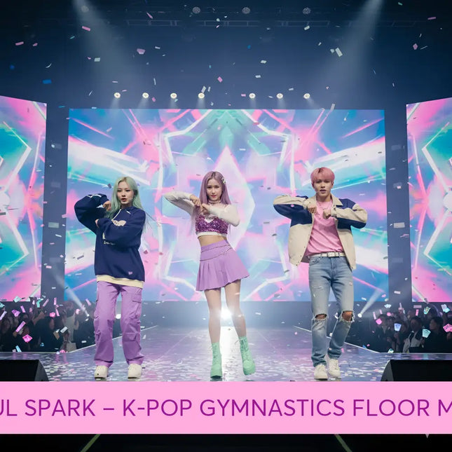 A woman in a sparkling purple crop top and skirt with green boots performing k-pop gymnastics floor music routine