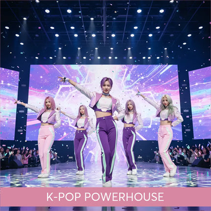 K-pop girl group in purple pink outfits for gymnastics floor music