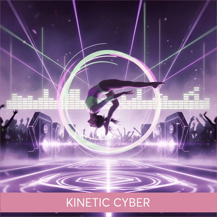 Glowing purple light surrounds gymnast mid-air in Kinetic Cyber Techno EDM gymnastics floor music