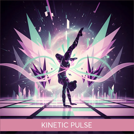 Stylized handstand silhouette on Kinetic Pulse Techno EDM gymnastics floor