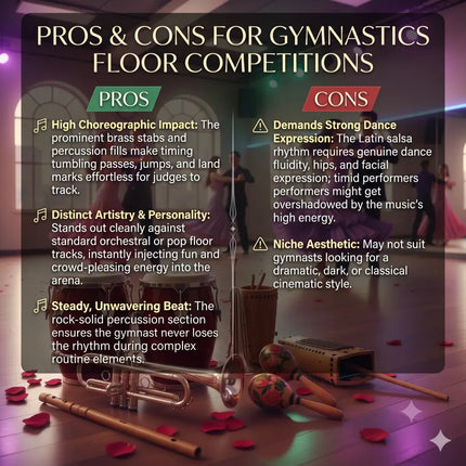 The corazon latin gymnastics floor music features pros and cons for gymnastics floor competitions in bold gold text