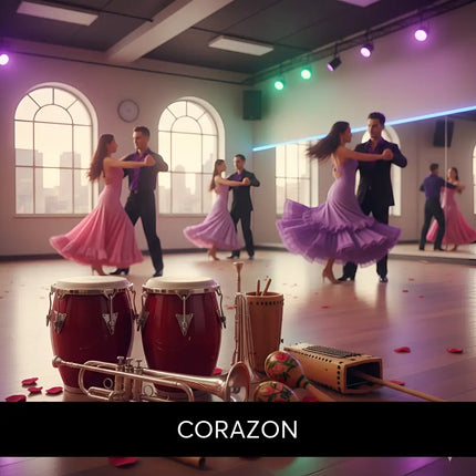 Shiny brass trumpet with intricate valves beside red drums on wooden floor for corazon gymnastics floor music