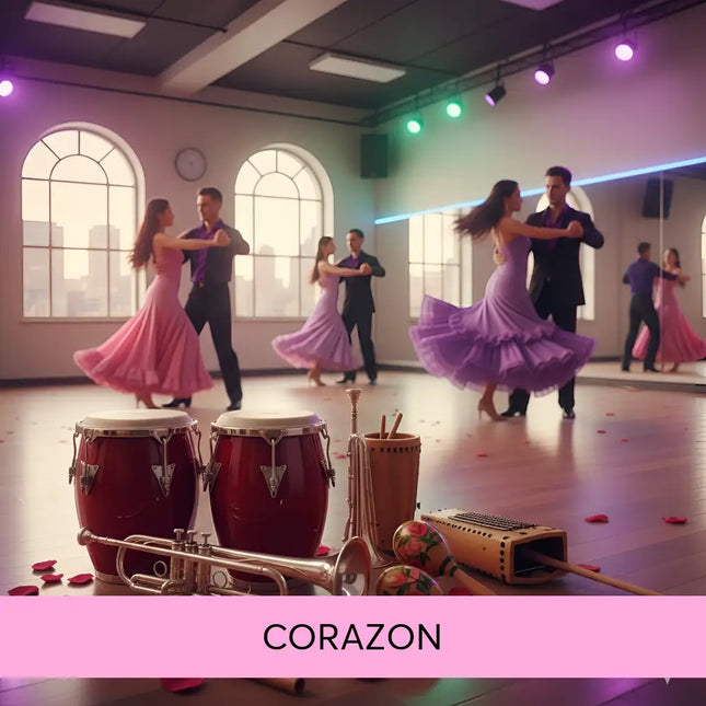 Shiny brass trumpet with intricate valves beside red drums on wooden floor for corazon gymnastics floor music