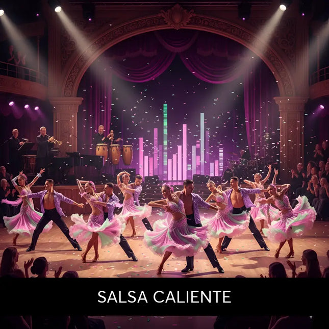 A vibrant pink and lavender sequined salsa caliente ballroom dance costume with layered skirts for latin gymnastics floor music
