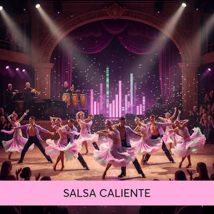 A vibrant pink and lavender sequined salsa caliente ballroom dance costume with layered skirts for latin gymnastics floor music