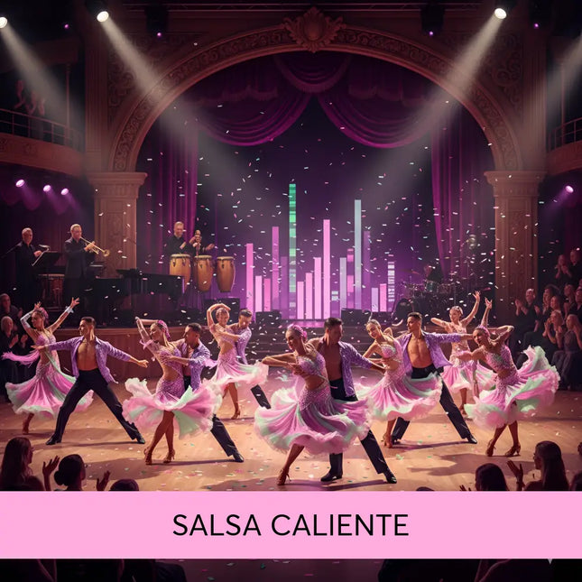 A vibrant pink and lavender sequined salsa caliente ballroom dance costume with layered skirts for latin gymnastics floor music