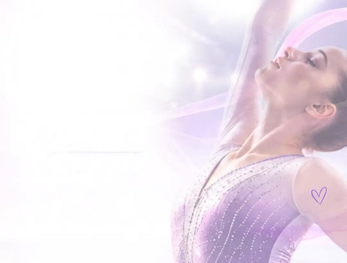 A shimmering lavender gymnastics leotard adorned with sparkling sequins and a subtle heart-shaped tattoo on the upper arm.