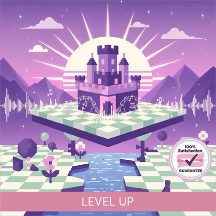 A purple castle with pink accents on a floating chessboard set against mountains for video game chiptune music