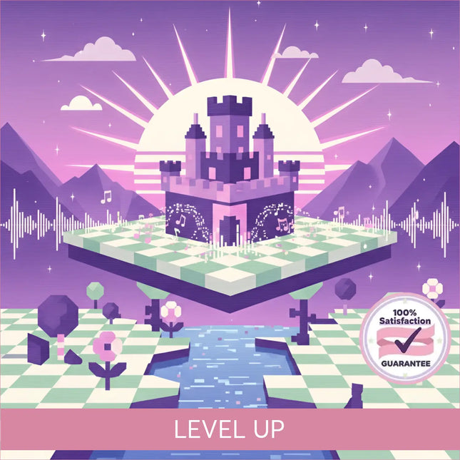A purple castle with pink accents on a floating chessboard set against mountains for video game chiptune music
