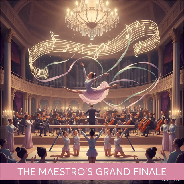 Graceful ballerina in lavender tutu aerial pose over orchestra in classical symphonic gymnastics floor music