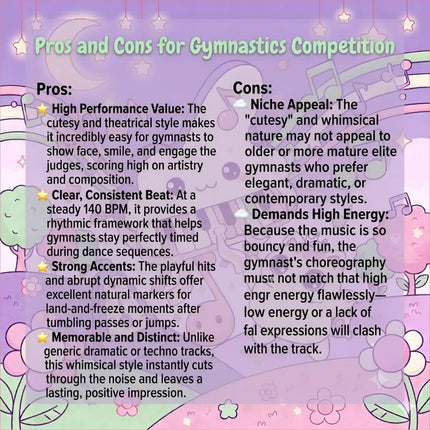 Pastel purple and pink whimsical infographic showing pros and cons for gymnastics competition in marshmallow march floor music