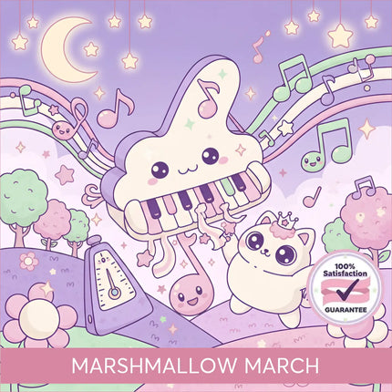 A whimsical pastel-colored cartoon grand piano with a friendly face and rainbow notes for marshmallow march gymnastics floor music
