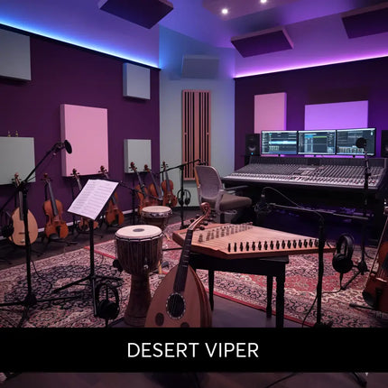 A wooden oud with a curved body and intricate rosette in a purple-lit studio for desert viper gymnastics floor music