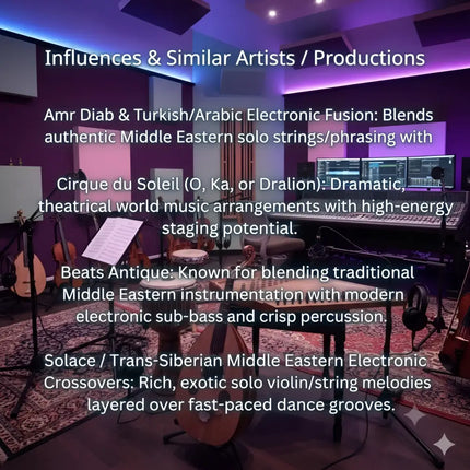 Purple-lit recording studio with acoustic panels mixing console and middle eastern instruments for desert viper gymnastics floor music