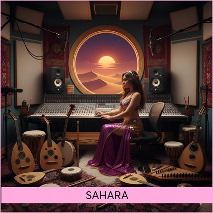 A woman in a purple sequined belly dance outfit mixes sahara middle eastern gymnastics floor music surrounded by instruments