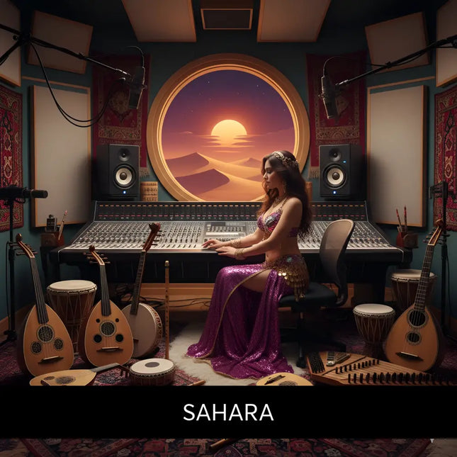 A woman in a purple sequined belly dance outfit mixes sahara middle eastern gymnastics floor music surrounded by instruments