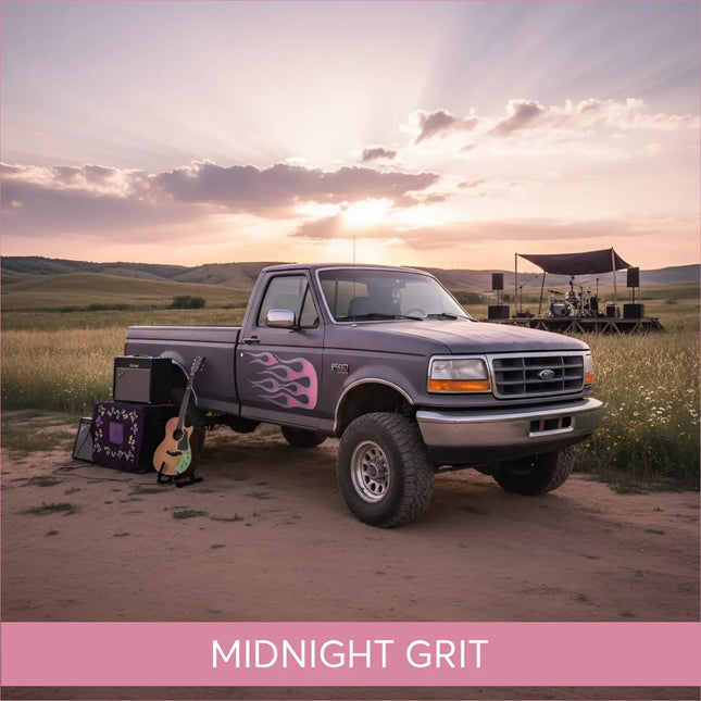 Dark gray Ford F-150 with pink flames for Midnight Grit country rock gymnastics floor music