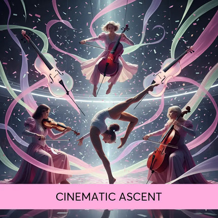 A woman in a flowing pink gown performs an acrobatic split surrounded by floating violins for modern orchestral gymnastics floor music