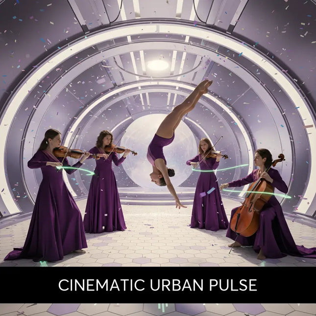 A woman in a flowing purple gown performs an inverted handstand in a futuristic chamber for modern orchestral gymnastics floor music urban pulse