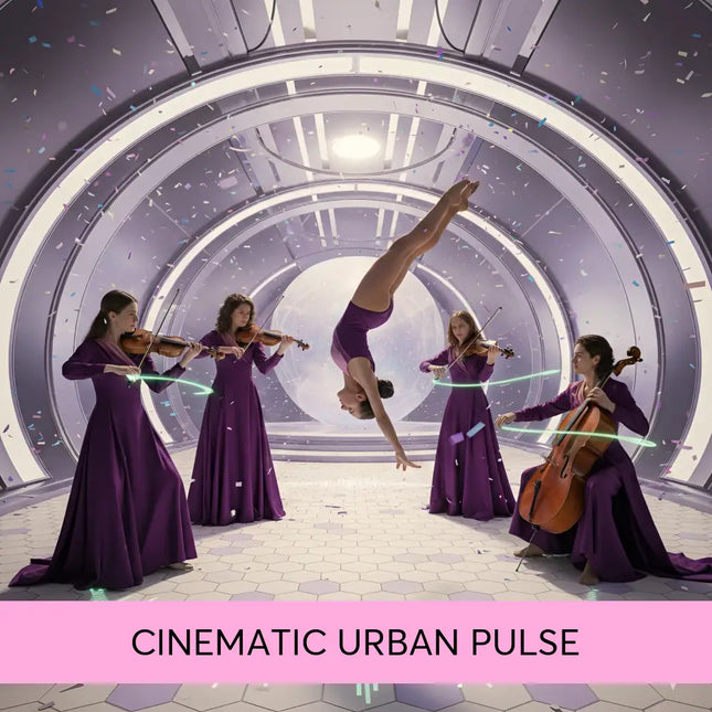 A woman in a flowing purple gown performs an inverted handstand in a futuristic chamber for modern orchestral gymnastics floor music urban pulse
