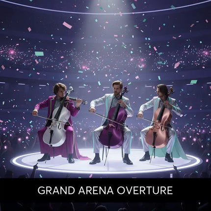 Three musicians in colorful formal wear perform grand arena overture modern orchestral gymnastics floor music on stage