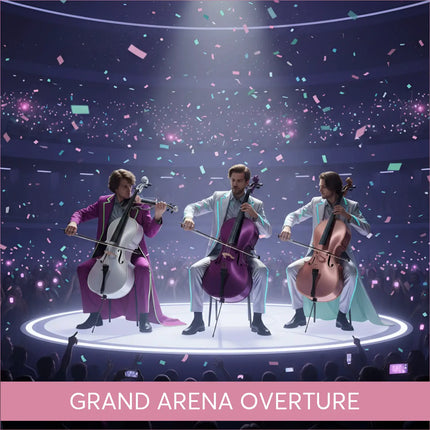 Three musicians in colorful formal wear perform modern orchestral gymnastics floor music on glowing stage with confetti