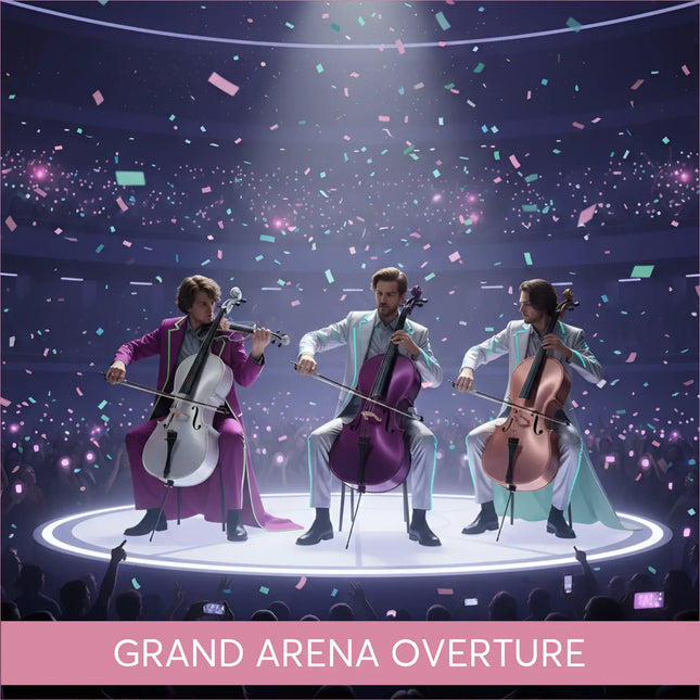 Three musicians in colorful formal wear perform modern orchestral gymnastics floor music on glowing stage with confetti