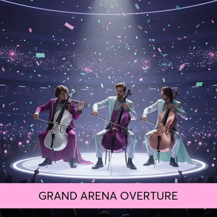 Three musicians in colorful formal wear perform grand arena overture modern orchestral gymnastics floor music on stage