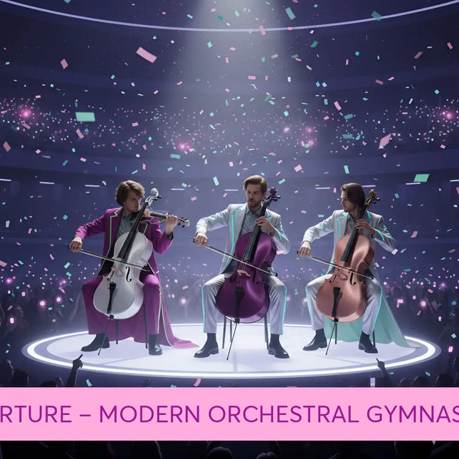 Three musicians in colorful formal wear perform grand arena overture modern orchestral gymnastics floor music on stage