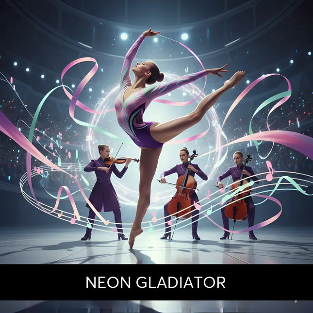 A graceful gymnast in a shimmering purple and pink leotard performs with ribbons for modern orchestral gymnastics floor music