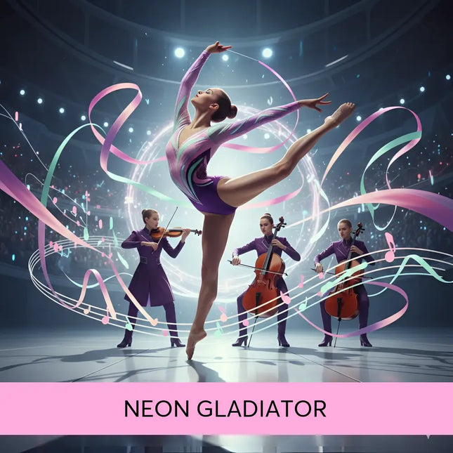 A graceful gymnast in a shimmering purple and pink leotard performs with ribbons for modern orchestral gymnastics floor music