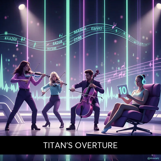 A glossy purple cello held by a musician in a dark suit for titan’s overture modern orchestral gymnastics floor music