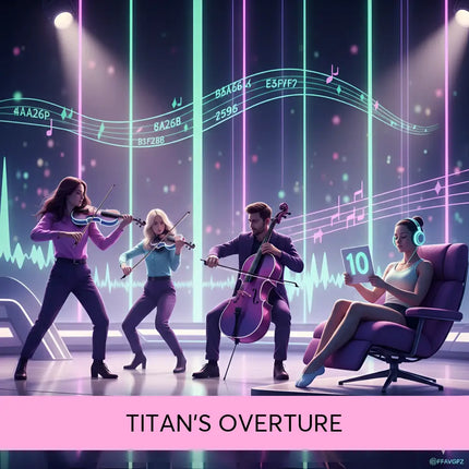 A glossy purple cello held by a musician in a dark suit for titan’s overture modern orchestral gymnastics floor music