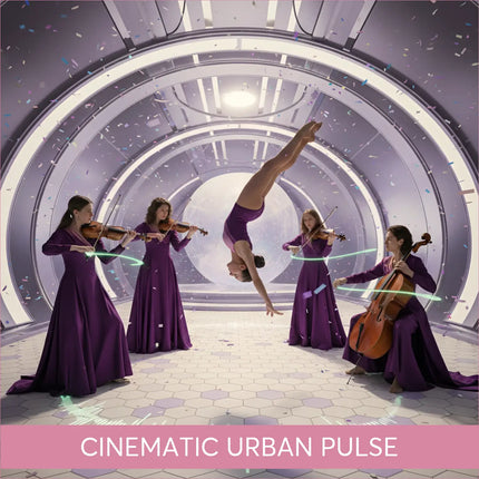 Woman in purple gown does inverted handstand to modern orchestral gymnastics floor music urban pulse