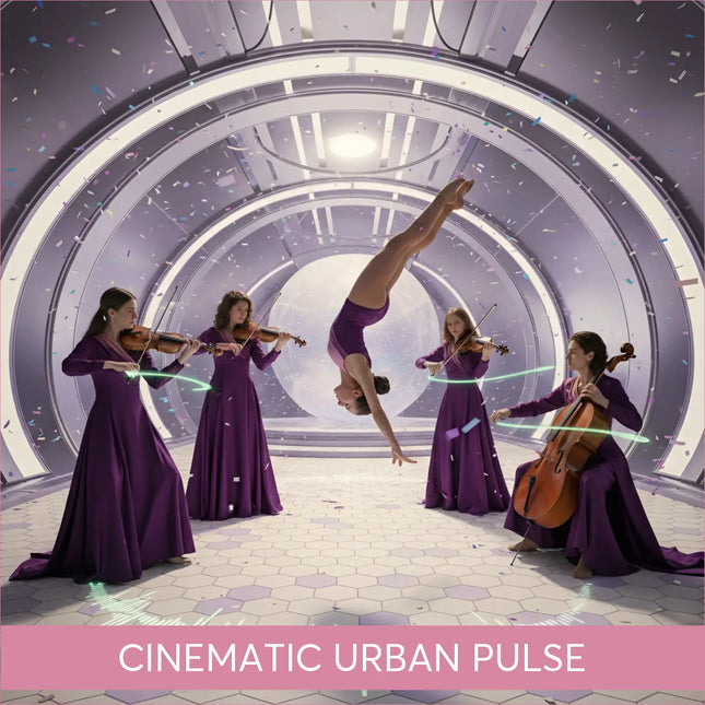 Woman in purple gown does inverted handstand to modern orchestral gymnastics floor music urban pulse