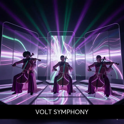 Three musicians in flowing purple robes play modern orchestral music under neon lights for gymnastics floor routine
