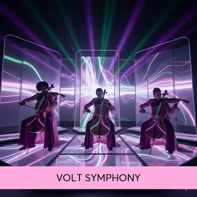 Three musicians in flowing purple robes play modern orchestral music under neon lights for gymnastics floor routine