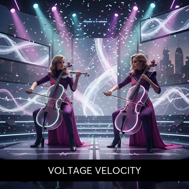 Two performers in deep purple gowns play glowing translucent cellos for voltage velocity modern orchestral gymnastics floor music