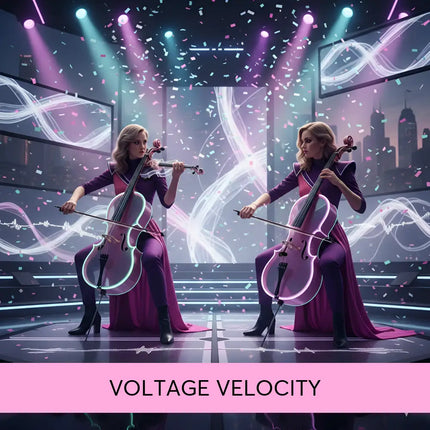 Two performers in deep purple gowns play glowing translucent cellos for voltage velocity modern orchestral gymnastics floor music