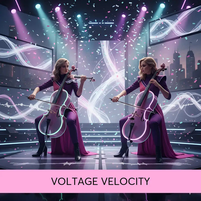 Two performers in deep purple gowns play glowing translucent cellos for voltage velocity modern orchestral gymnastics floor music